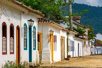 House facade in colonial architecture on cobblestone street in the historic city of Paraty in the...