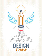 Pencil with wings launching like a rocket start up, creative energy genius artist or designer, vector design and creativity logo or icon, art startup.