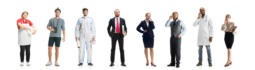 Group of people with different professions on white background, horizontal. Modern workers of diverse occupations, male and female models like accountant, sailor, baker, builder, doctor