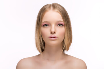Fototapeta premium Fashion Stylish Beauty Portrait with White Short Hair. Beautiful Girl's Face Close-up. Haircut. Hairstyle. Fringe. Professional Makeup. Make-up. Vogue Style Woman. Isolated on a White Background.