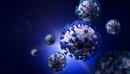 Obraz na płótnie Canvas Biology and science. Covid-19. Microscopic close-up of the covid-19 virus. Coronavirus illness spreading in body cell. Global pandemic disease. 3D Render.