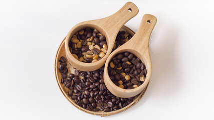 Top view of roasted coffee beans in wooden containers