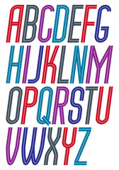 Vector capital thin condensed English alphabet letters collection made with white stripes, best for use in logotype design in telecommunication theme