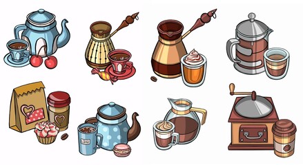 Doodle coffee shop items with seamless pattern. Vector illustration