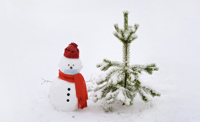 Snowman wearing a face mask, winter hat. scarf on a white background and standing by a tree.