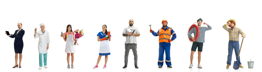 Collage. Group of people different professions isolated on white background, horizontal. Male and female models like accountant, butcher, nurse, businessman, builder, sailor, housemaid, gardener