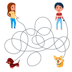 Two children, boy and girl, walk the dogs on leashes. Guess where is whose dog is? Children's picture puzzle with tangled lines.
