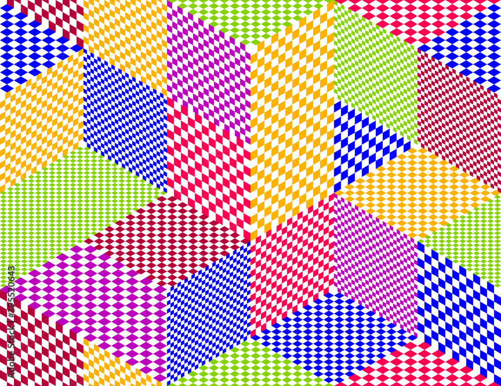 Poster 3d cubes seamless pattern vector background, rhombuses dimensional blocks, architecture and construc