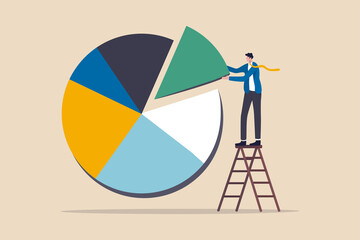 Investment asset allocation and rebalance concept, businessman investor or financial planner standing on ladder to arrange pie chart as rebalancing investment portfolio to suitable for risk and return