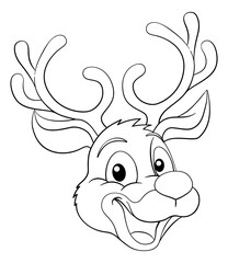 A cute Christmas Santas reindeer cartoon character. In black and white outline like a coloring book page.