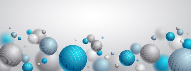 Abstract spheres vector background with blank copy space, composition of flying balls decorated with lines, 3D mixed realistic globes, realistic depth of field effect.