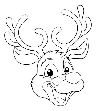 recommend clip art: A cute Christmas Santas reindeer cartoon character. In black and white outline like a coloring book page.