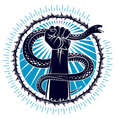 Hand squeezes a snake, fight against evil, control your dark side, internal conflict, archetype shadow, life is a fight concept, vintage vector logo or tattoo.