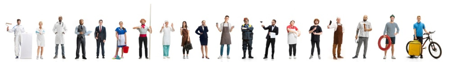 Obraz premium Art collage. Man and woman with different professions on white studio background, horizontal. Modern workers of diverse occupations like stylist, painter, farmer, accountant with equipment