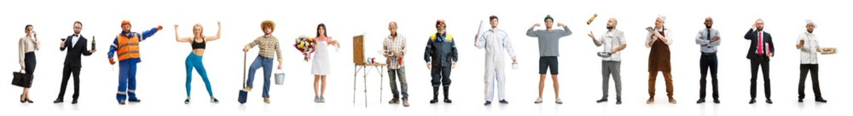 Art collage. Man and woman with different professions on white studio background, horizontal. Modern workers of diverse occupations like stylist, painter, farmer, accountant with equipment