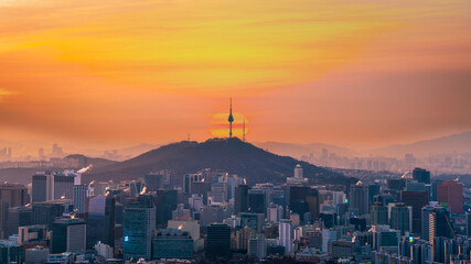 Sunrise of Seoul Downtown cityscape 