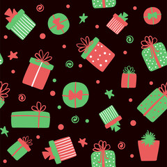 Christmas seamless pattern with gift boxes. Vector cute festive dark background with hand drawn presents