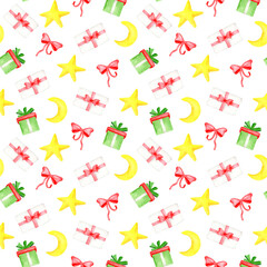 Watercolor seamless pattern with gift boxes, ribbon bow, half moon and stars. Hand painted illustration for Christmas, New year, Birthday celebration. Repeated texture isolated on white background.