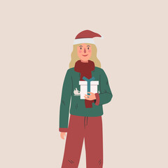 Long hair girl with Christmas gift box. Flat style vector illustration.