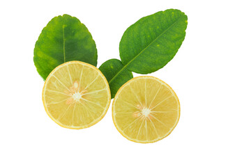  Close up,Lemon fruit half with leaf on white background