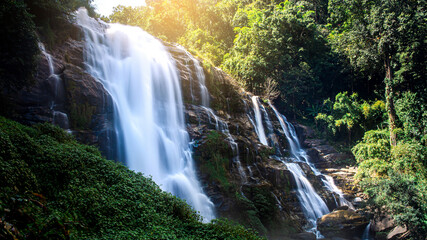 Obraz premium Wachirathan waterfall beautiful at Doi Inthanon national park, Chiang Mai, Thailand