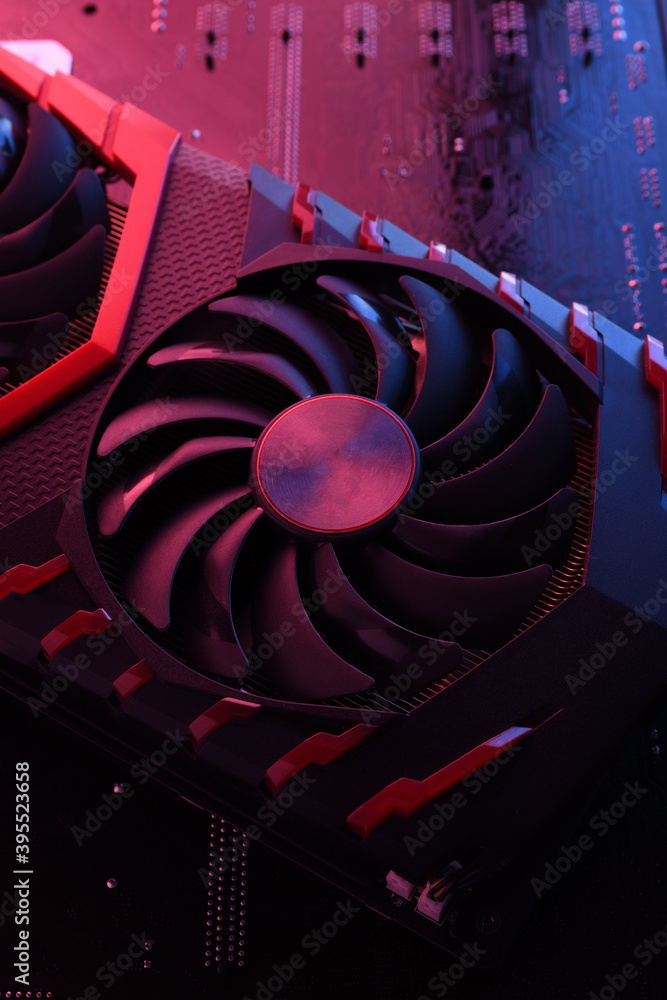 Aufkleber computer game graphics card, videocard with two coolers on circuit board ,motherboard background. cl