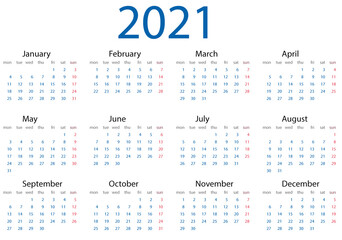 Calendario 2021 en inglés