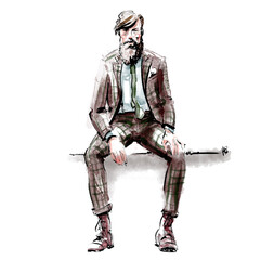Fashion illustration of a dapper gentleman with a big beard sitting on a ledge dressed in a brown tartan suit and boots