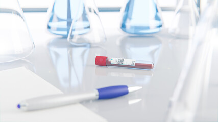 EDTA Blutproben Röhrchen in Labor mit Erlenmeyerkolben im Hintergrund