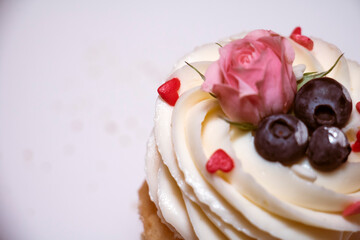 
Cupcake with cream, blueberries and small pink rose on white background
