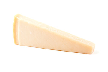 One piece of parmigiano cheese. Studio photo isolated on white background.