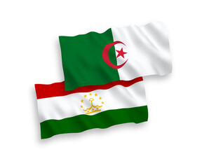 National vector fabric wave flags of Tajikistan and Algeria isolated on white background. 1 to 2 proportion.