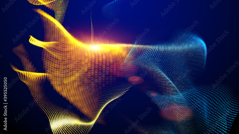 Wall mural abstract polygon grid wireframe as swirl glowing waves blurred dynamic background.