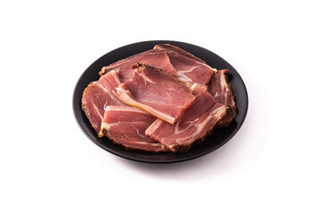 Dried and smoked meat slices isolated on white background