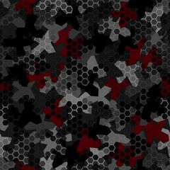 Camouflage seamless pattern with hexagonal geometric ornament in dark grey