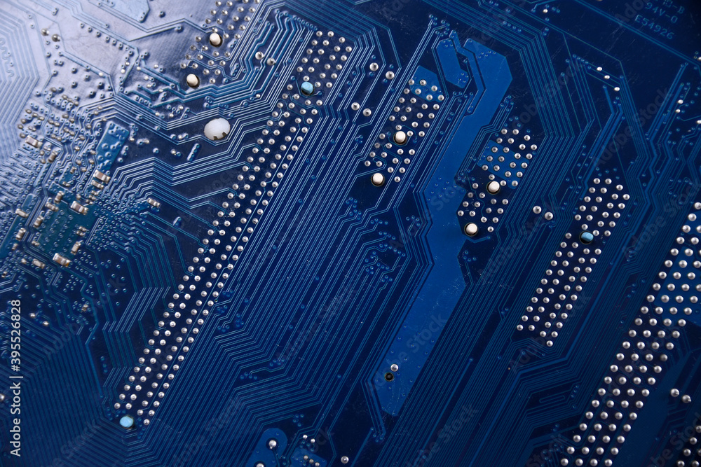Poster Computer motherboard background and electronical components cpu gpu memory and different sockets for video card close up