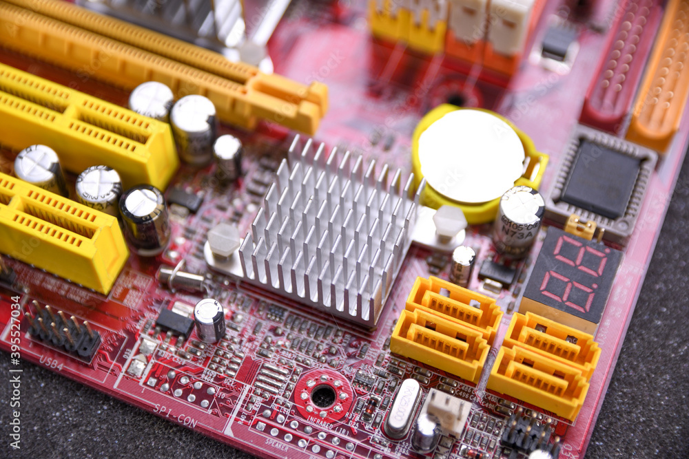 Poster Computer motherboard and electronical components cpu gpu memory and different sockets for video card close up