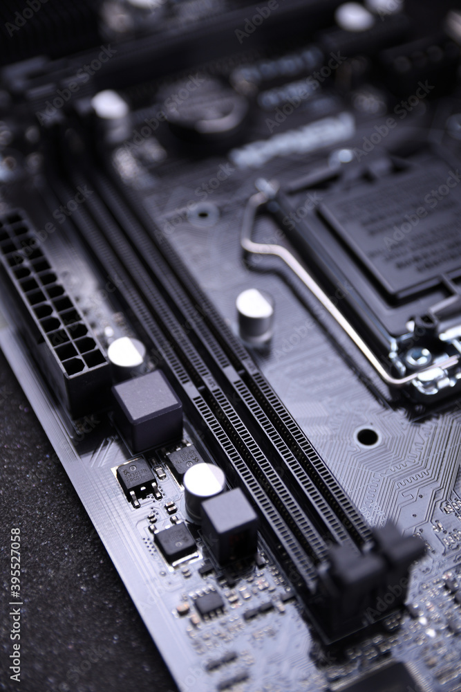 Poster Computer motherboard and electronical components cpu gpu memory and different sockets for video card close up