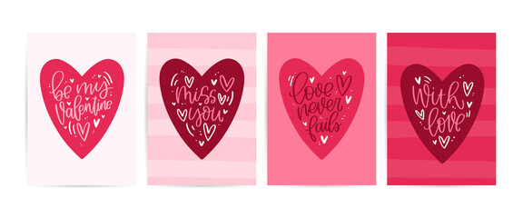 Valentines day card or gift bag vector design set. Bright pink and burgundy red heart with modern calligraphy love messages: be my Valentine, miss you, love never fails, with love.