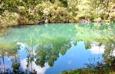 Lake with water reflections in a forest. Galicia, Spain.