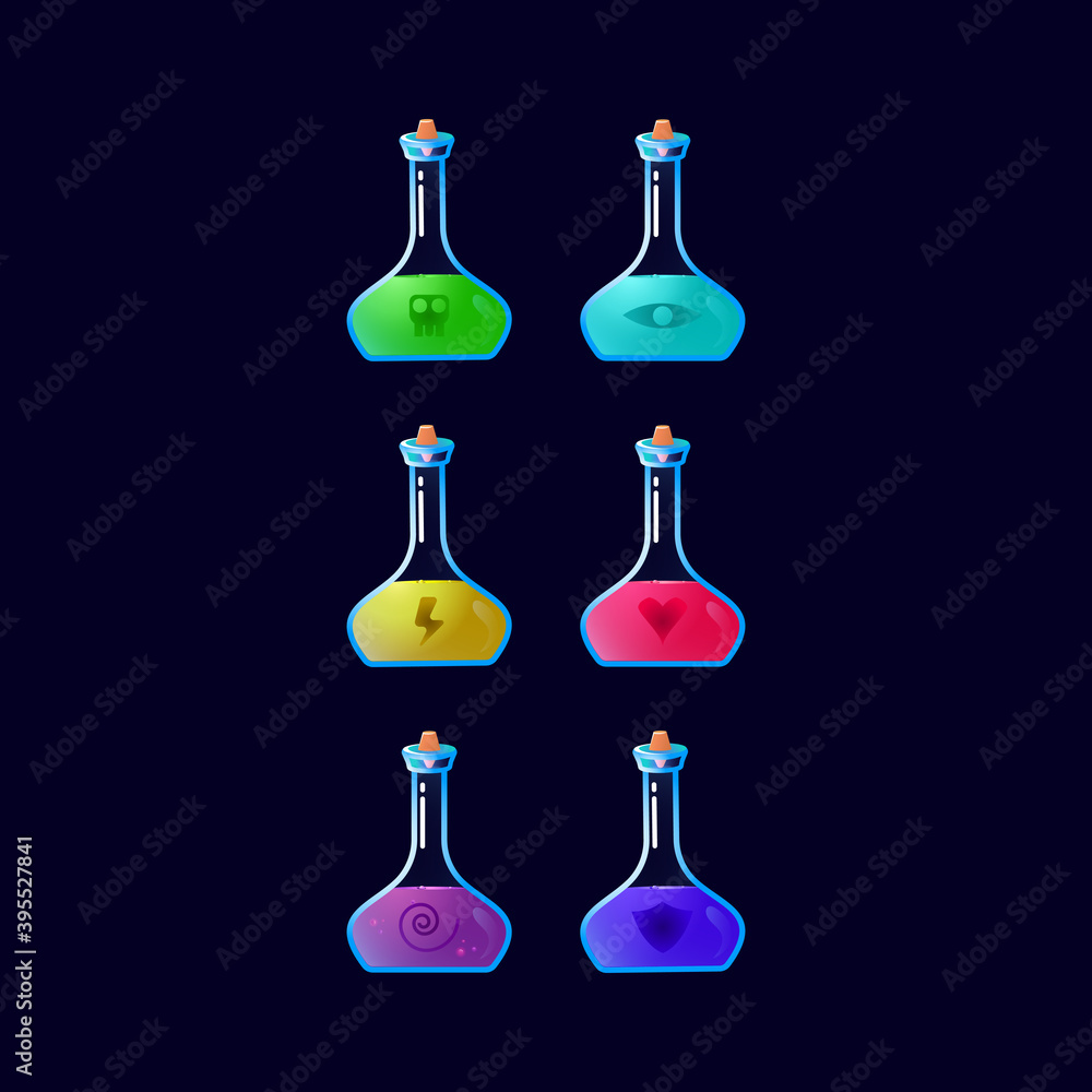 Aufkleber set of game ui colorful potion bottle magic power up for gui asset elements