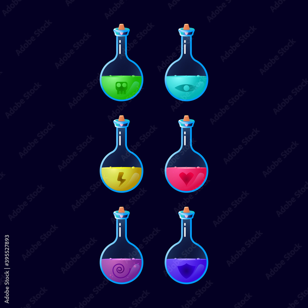 Aufkleber set of game ui colorful potion bottle magic power up for gui asset elements