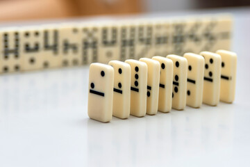 The finished, small wall with dominoes barely stands against the background of other dominoes.