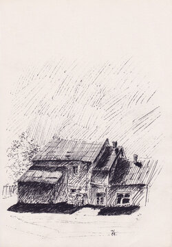 Pen drawing of old village house made with multiple parts made of different materials. Stock vintage ink house sketch great for decoration, packaging, postcards and backgrounds. Stock pen illustration