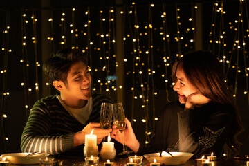 Asian couple celebration Christmas party and Happy new year 2021