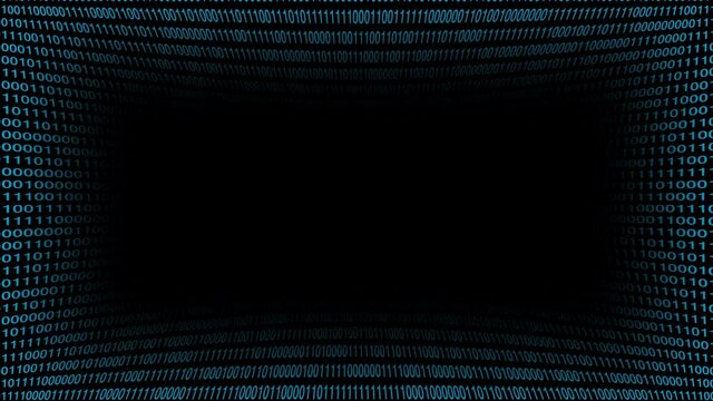 Background frame from number digits. Blue numbers binary code on dark background with black space in middle screen. Stream binary matrix code. Concept of coding hacker or mining bitcoin cryptocurrency