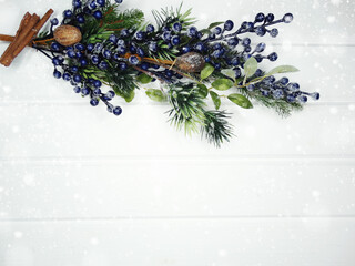 winter background with fir branches cones and snow
