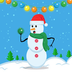 Illustration vector graphic of the cute snowman using santa hat and green scarf holding green christmas light. Blue background. Suitable for Christmas icons, Christmas stickers, Christmas book covers.