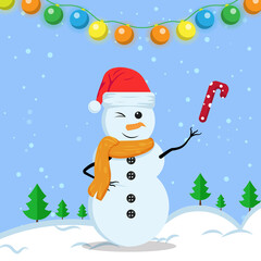 Illustration vector graphic of the cute snowman using santa claus hat and yellow scarf holding christmas stick. Blue background. Fit for Christmas icons, Christmas stickers, Christmas book covers.