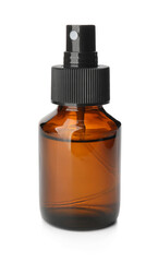 Cosmetic spray bottle with essential oil on white background
